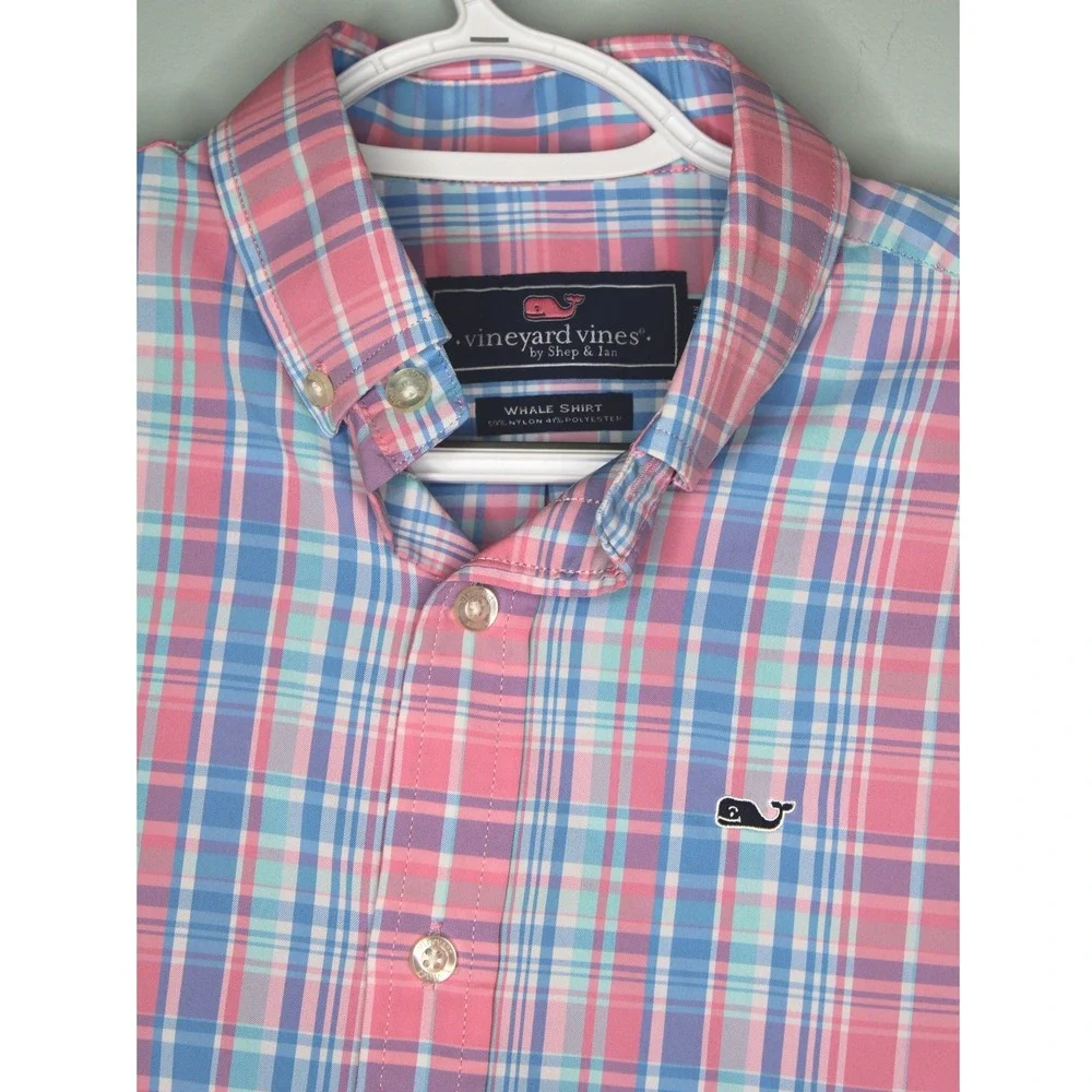 Vineyard Vines Boys Small Pink Blue Plaid Whale Shirt Performance Button Down‎
